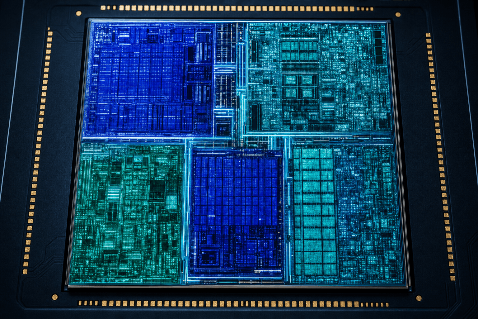 Top-down macro shot of a single GPU silicon die partitioned into five distinct glowing functional blocks of different sizes, packed edge to edge to fill the whole die, in deep blue, cyan and teal.