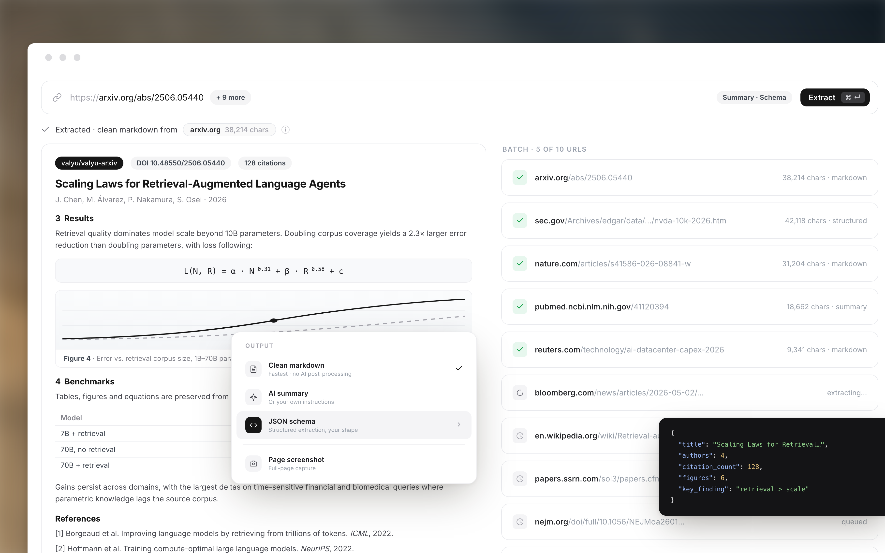 Valyu Contents API — a URL batch extracted into clean markdown, JSON schema output and summaries