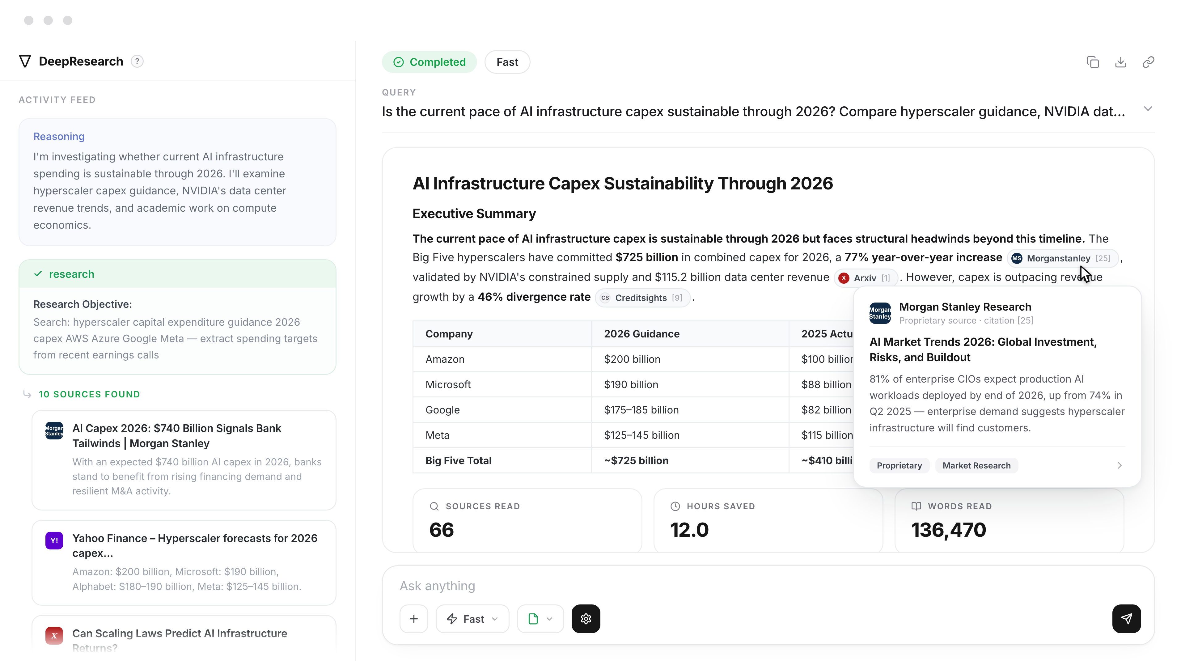 Valyu DeepResearch playground — activity feed, cited report and deliverables
