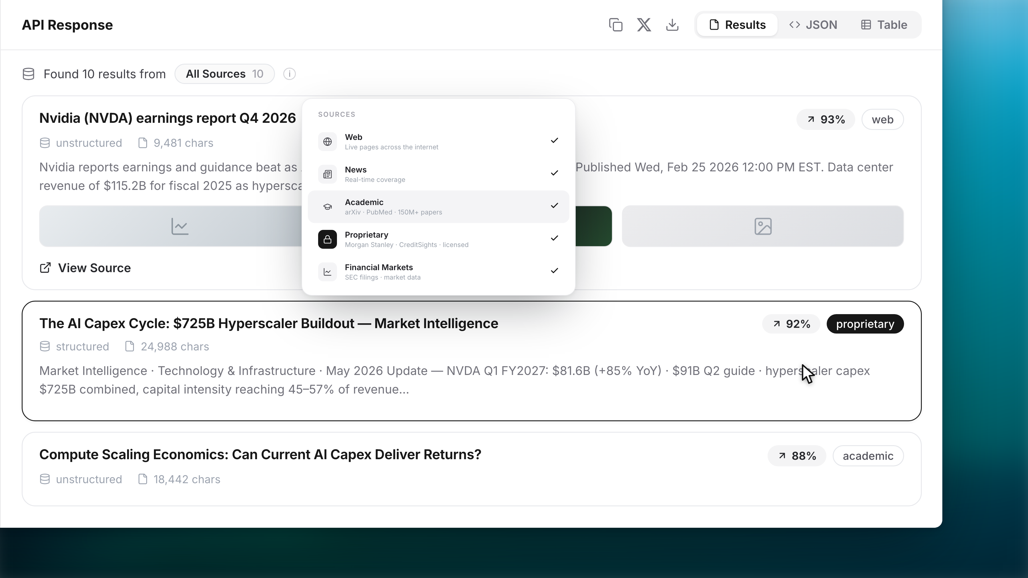 Valyu Search API — ranked results across web, news, academic, proprietary and financial sources