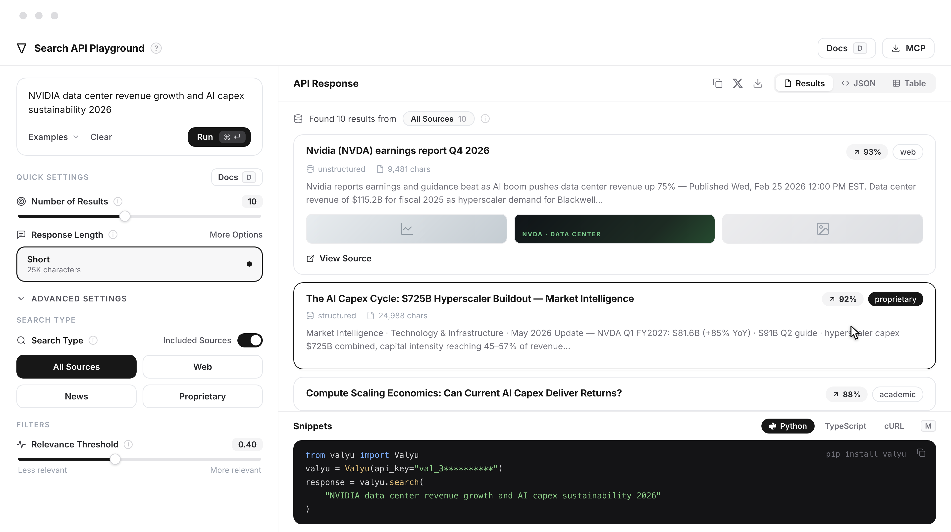Valyu Search API playground — query settings, ranked multi-source results and code snippets